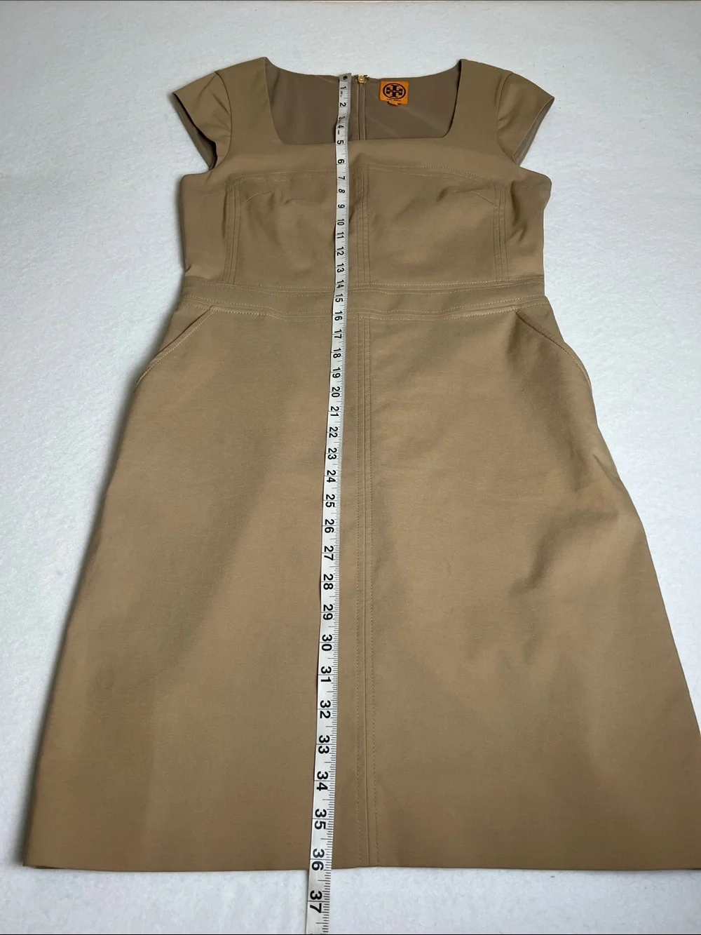 Tory Burch Tan Square Neck Cap Sleeve Sheath Dress Pockets Size 8